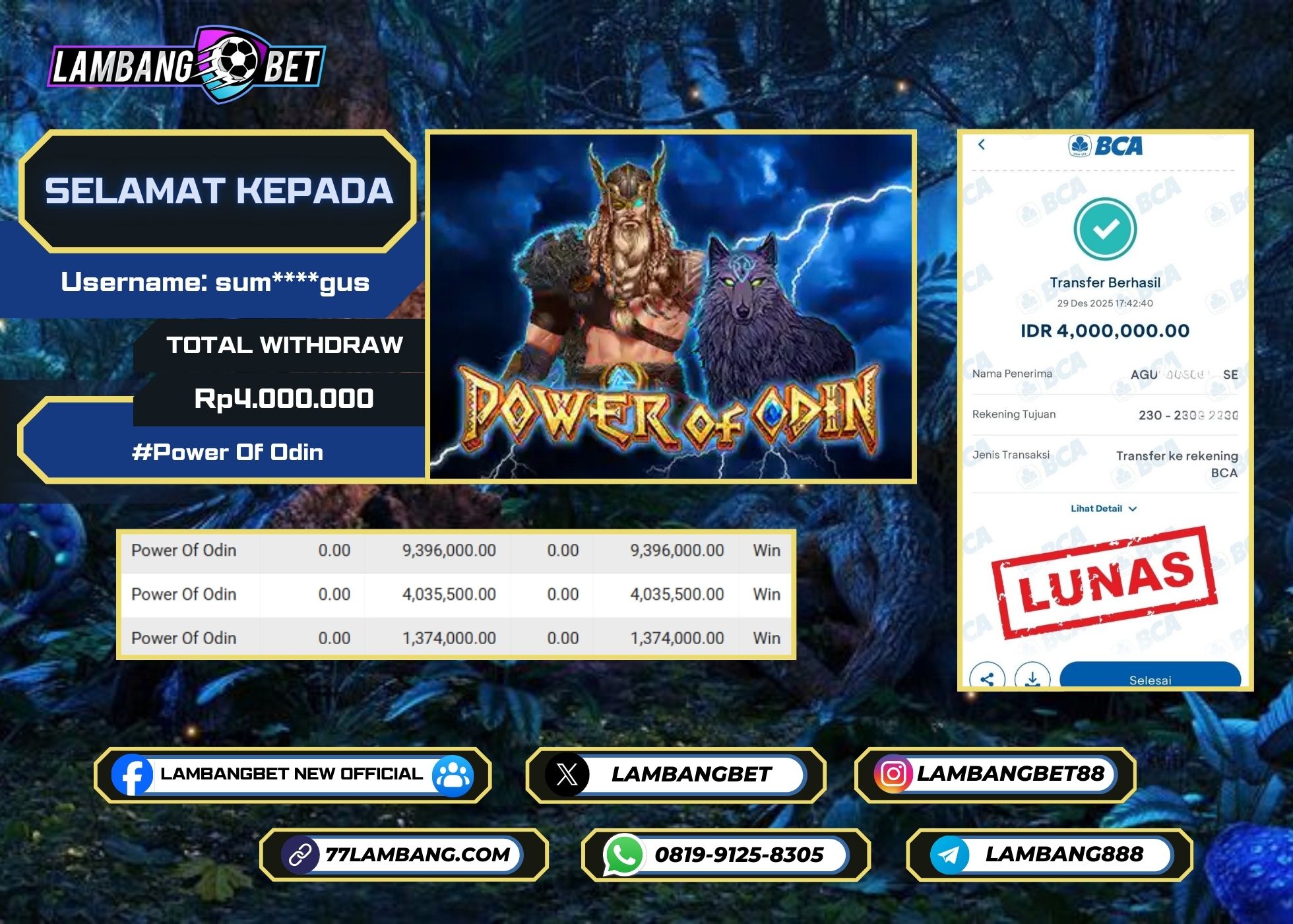 LAMBANGBET [29 DESEMBER 2025] JACKPOT SLOT Power Of Odin "Rp4.000.000" LUNAS